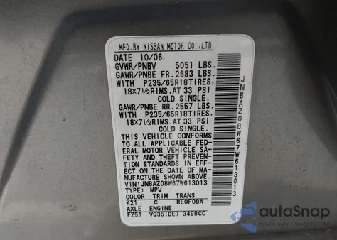 2007 Nissan Murano Sl from USA, damaged, VIN JN8AZ08W67W613013